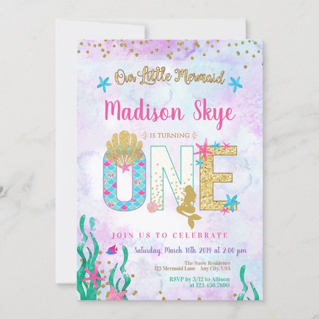 Watercolor Mermaid First Birthday Invitation (Front)