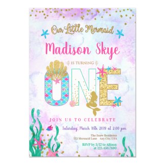 Watercolor Mermaid First Birthday Invitation