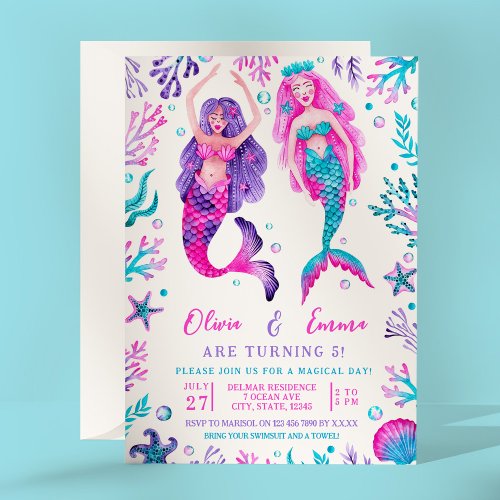Watercolor Mermaid Joint Birthday Sisters Invitation