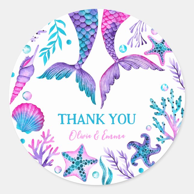 Watercolor Mermaid Joint Birthday Thank You  Classic Round Sticker (Front)