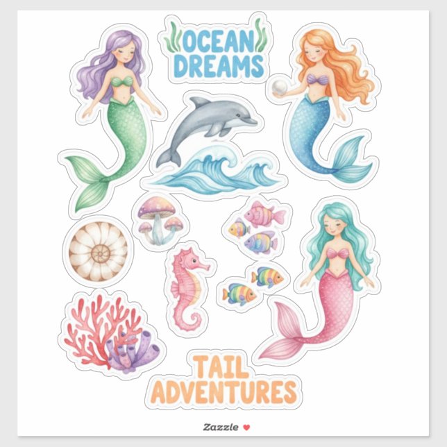 Watercolor Mermaid Ocean Dreams Vinyl Sticker (Sheet)