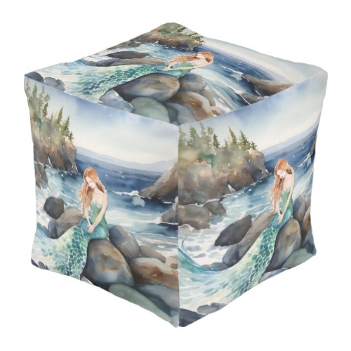 Watercolor Mermaid On A Rock Pouf