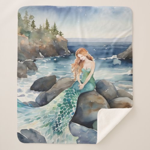 Watercolor Mermaid On A Rock Sherpa Blanket