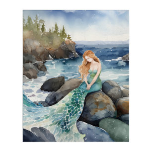 Watercolor Mermaid On Ocean Rocks Acrylic Print