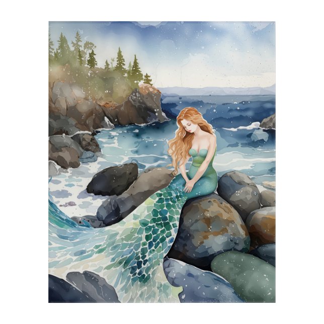 Watercolor Mermaid On Ocean Rocks Acrylic Print (Front)