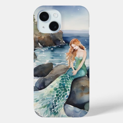 Watercolor Mermaid On Ocean Rocks iPhone 15 Case