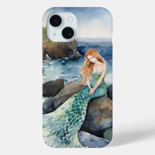 Watercolor Mermaid On Ocean Rocks iPhone 15 Case