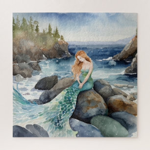 Watercolor Mermaid On Ocean Rocks Jigsaw Puzzle