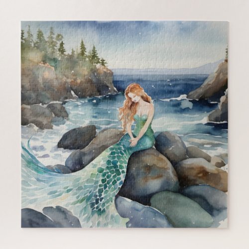 Watercolor Mermaid On Ocean Rocks Jigsaw Puzzle