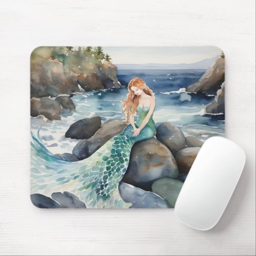 Watercolor Mermaid On Ocean Rocks Mouse Pad