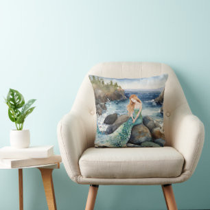 Watercolor Mermaid On Ocean Rocks Throw Pillow