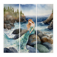 Watercolor Mermaid On Ocean Rocks