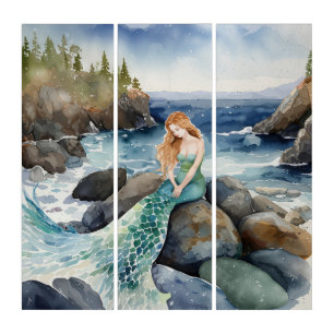 Watercolor Mermaid On Ocean Rocks Triptych