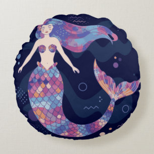 Watercolor Mermaid Round Pillow