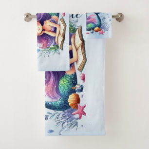 Watercolor Mermaid Sea Life Cute Beautiful Bath Towel Set
