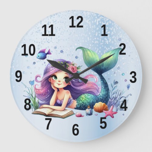 Watercolor Mermaid Sea Life Cute Beautiful Large Clock