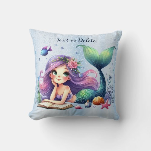 Watercolor Mermaid Sea Life Cute Beautiful Throw Pillow