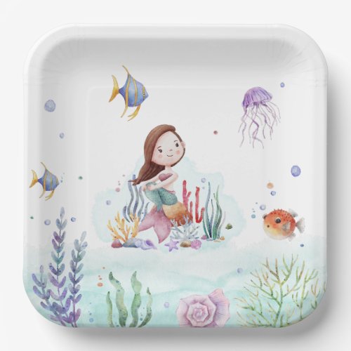 Watercolor Mermaid Sealife Paper Plates