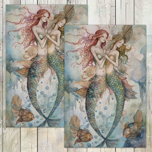 WATERCOLOR MERMAID SISTERS DECOUPAGE TISSUE PAPER (WATERCOLOR MERMAID SISTERS DECOUPAGE TISSUE PAPER)