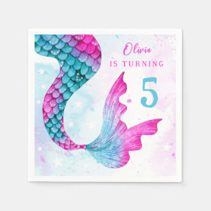 Watercolor Mermaid Tail and Stars Girl's Birthday Napkins