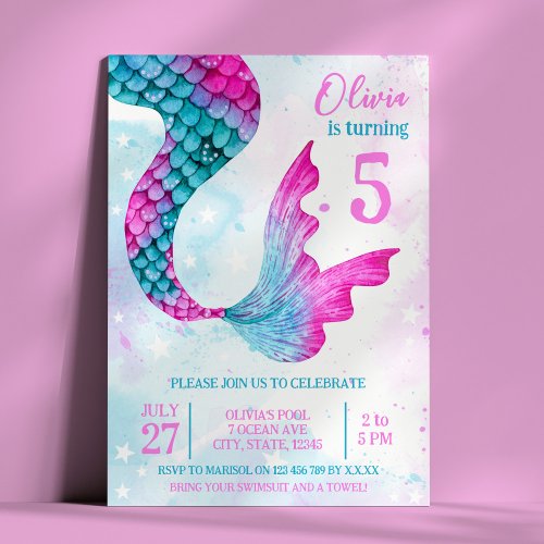 Watercolor Mermaid Tail Girls Birthday Party Invitation