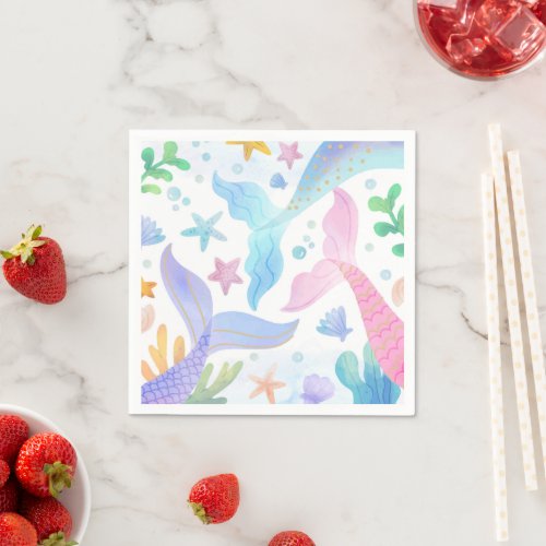 Watercolor Mermaid Tail Under The Sea Party Napkins