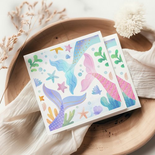 Watercolor Mermaid Tail Under The Sea Party Napkins