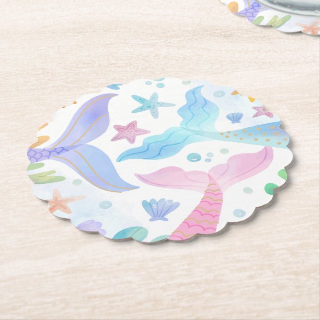 Watercolor Mermaid Tail Under The Sea Party Paper Coaster (Angled)