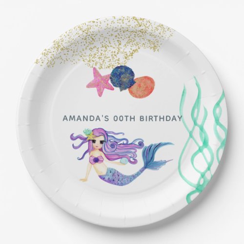 Watercolor Mermaid themed Birthday Party Paper Plates