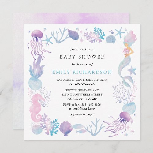 Watercolor Mermaid Under The Sea Baby Shower Invitation