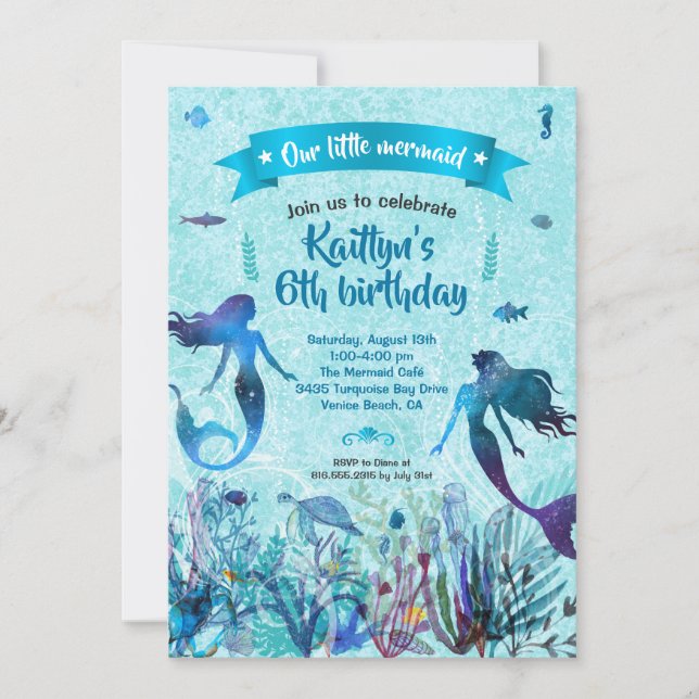 Watercolor Mermaid Under the Sea Birthday Party Invitation (Front)