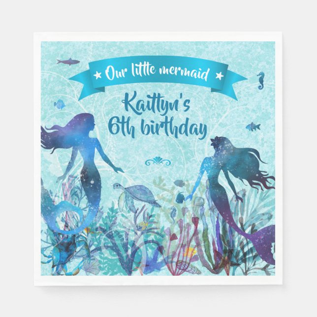 Watercolor Mermaid Under the Sea Birthday Party Napkins (Front)