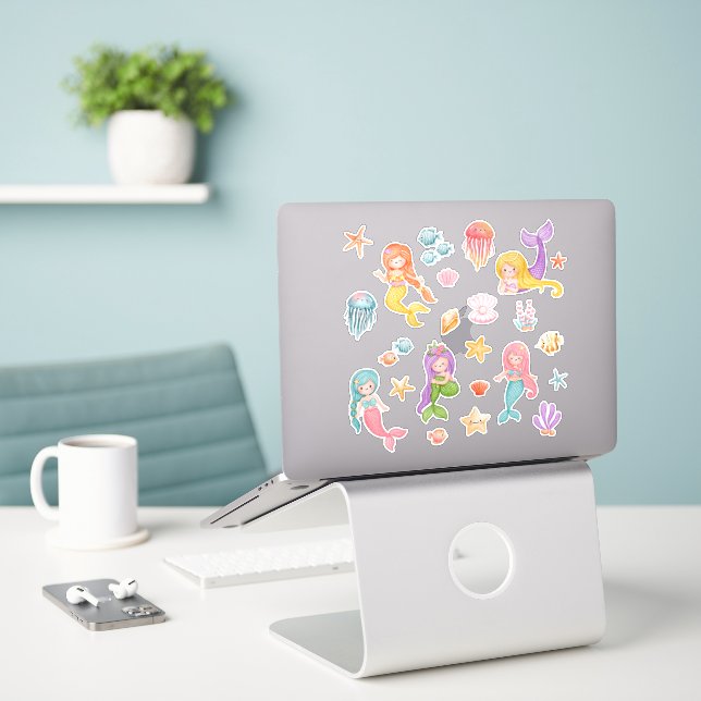 Watercolor Mermaid Under The Sea Sticker (Laptop On Desk)