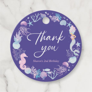 Watercolor Mermaid Under The Sea Thank You Purple Favor Tags