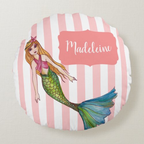 Watercolor Mermaid with Long Blonde Hair Round Pillow