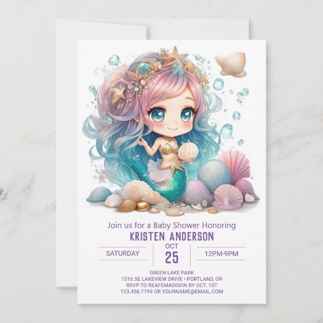 Watercolor Mermaid Wonders Baby Shower Invitation (Front)