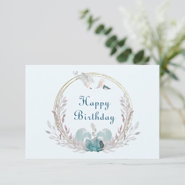 Watercolor Mermaid & Wreath Birthday Card (Standing Front)