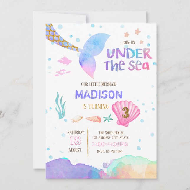 Watercolor mermaids birthday invite (Front)