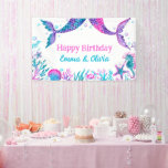 Watercolor Mermaids Joint Sisters Birthday Banner<br><div class="desc">This joint sisters birthday under the sea design features watercolor mermaids tails, coral, sea shells, starfish, a crab and a seahorse. This design is ideal for a little girl's birthday party at the beach, a pool party or just a mermaid themed summer party. You can customise all the text fields...</div>