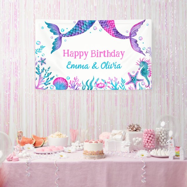 Watercolor Mermaids Joint Sisters Birthday Banner (Party)