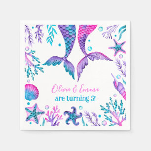 Watercolor Mermaids Joint Sisters Birthday Napkins