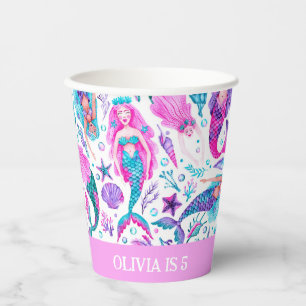 Watercolor Mermaids Sea Shells + Starfish Birthday Paper Cups