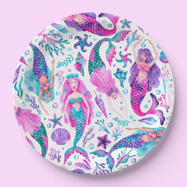 Watercolor Mermaids Sea Shells + Starfish Birthday Paper Plates (Watercolor Mermaids Sea Shells + Starfish Birthday Paper Plates)