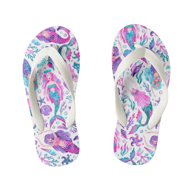 Watercolor Mermaids Sea Shells + Starfish  Kid's Flip Flops (Footbed)
