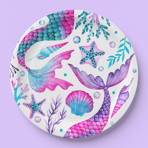 Watercolor Mermaids Tail Sea Shells and Starfish Paper Plates