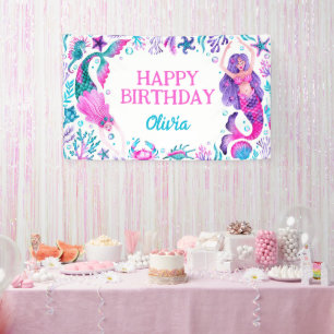 Watercolor Mermaids Under the Sea Birthday Banner