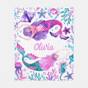 Watercolor Mermaids Under the Sea Fleece Blanket