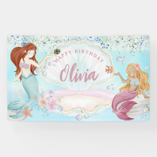 Watercolor Mermaids Under the Sea Glitter Birthday Banner