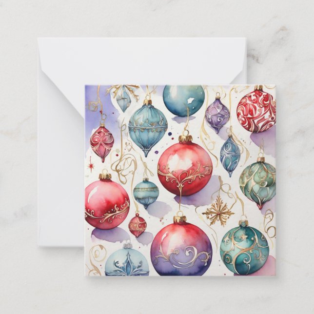 Watercolor Merry Christmas Bauble Note Card (Front)