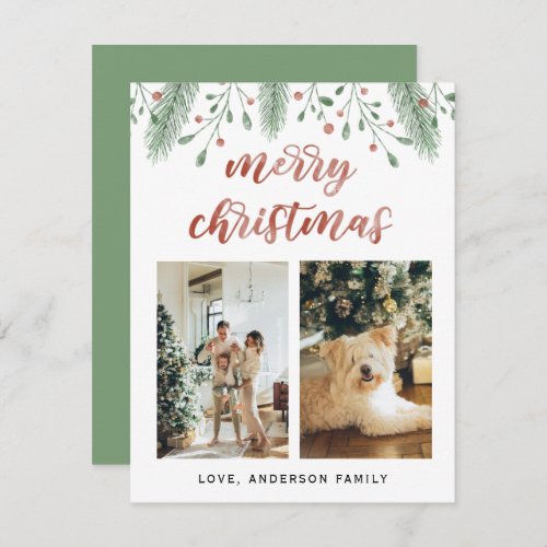Watercolor Merry Christmas Calligraphy Two Photo Holiday Card